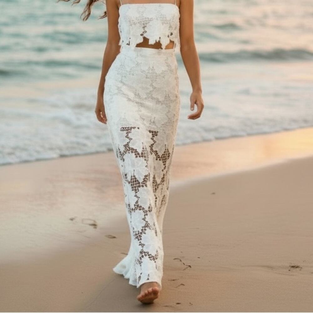 NWT Rumer Tropez White Lace Bridal Beach Wedding Maxi Skirt and Crop Top Size XS - Picture 8 of 11